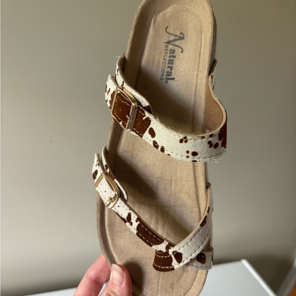 Natural Reflections Women's Cowhide-Print Double Buckle Sandal - Brown & White